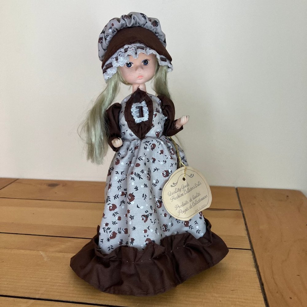 Blonde Big Eye Doll Brown Calico Floral Prairie Bonnet & Dress 9" Vintage Korea